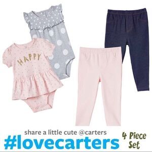 NEW! CARTER’S Girls 4 Pc Happy Peplum Bodysuit Pant Set- Pink, Grey & Blue Denim